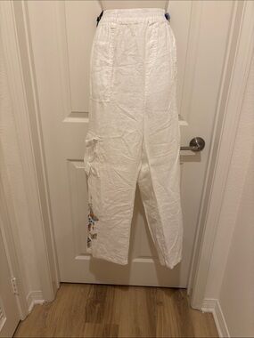 Johnny Was White Linen Wide-Leg Cargo Pants
